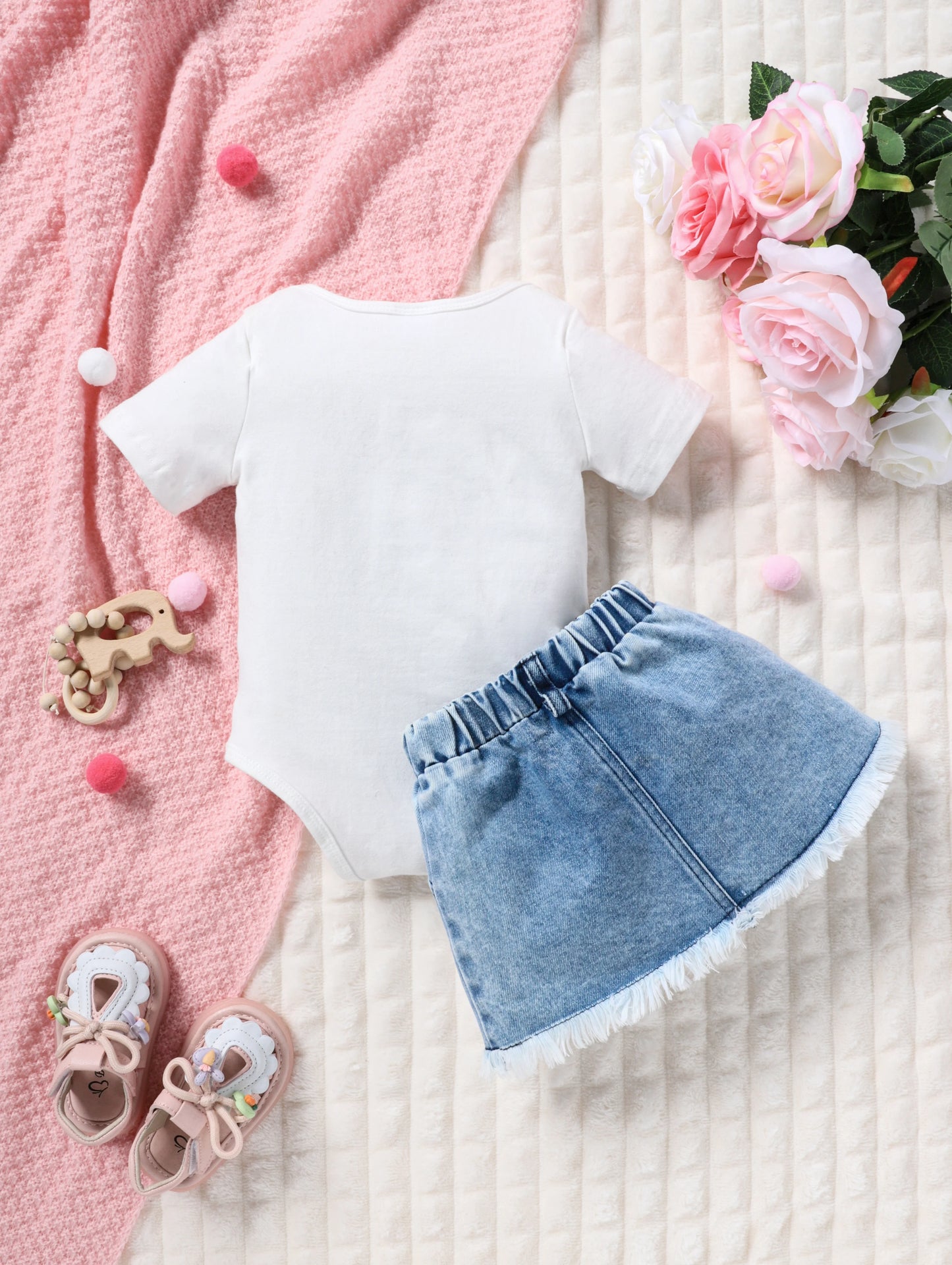 Summer Infant Girl's Sweet Two-Piece Set Leopard Strawberry Rabbit Print Short Sleeve Top with Frayed Denim Mini Skirt Outfit
