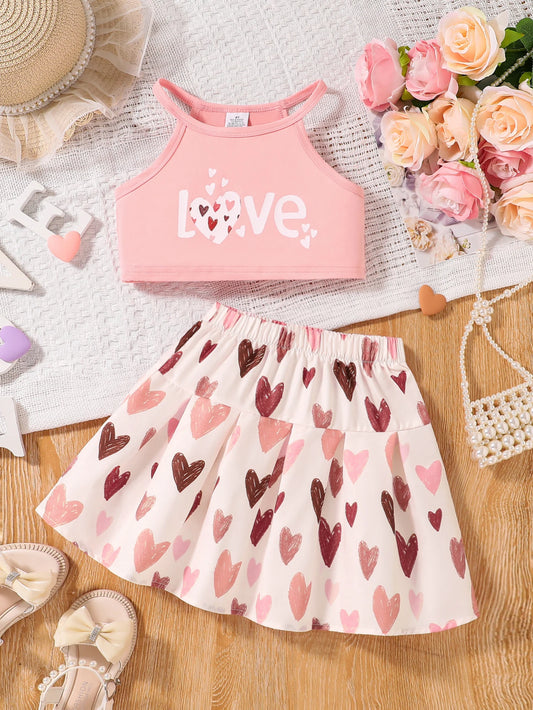 2-Piece Set: European and American Style Cute Children's Camisole with Heart Pattern T-Shirt + Heart Print Skirt, Summer Thin Style, Fashionable and Playful Elegant Ladylike Tank Top Paired with Short Skirt, Stylish Outfit fo