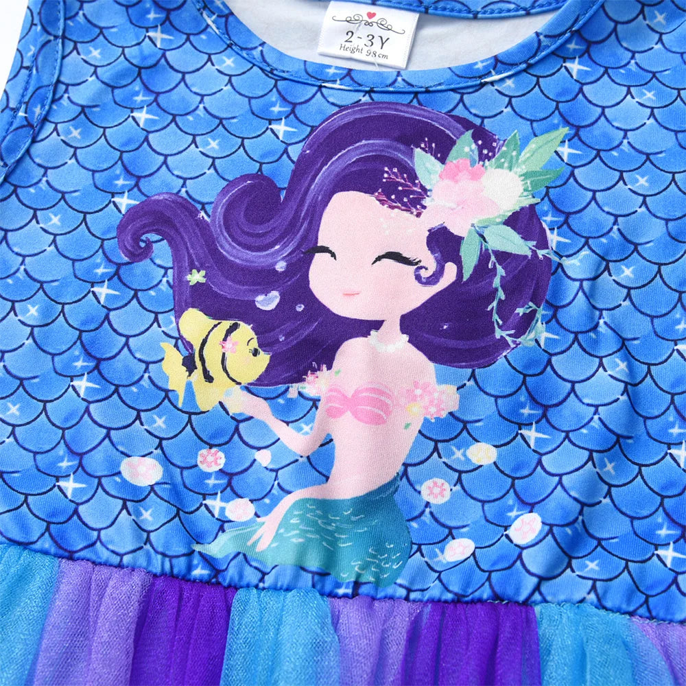 VIKITA Girls Mermaid Scale Print Dress Kids Sleeveless Summer Cartoon Blue Purple Ombre Tulle Princess Party Beach Casual Frocks