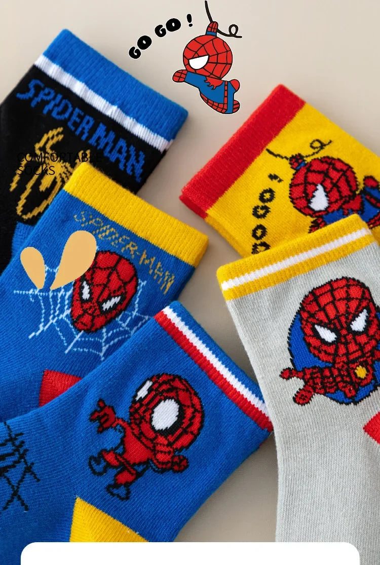 MARVEL Spiderman 5 Pairs Children's Socks Kawaii Soft Anime Socks Kids Boys Socks MiddleTube Cartoon Baby Socks 1-12 Y