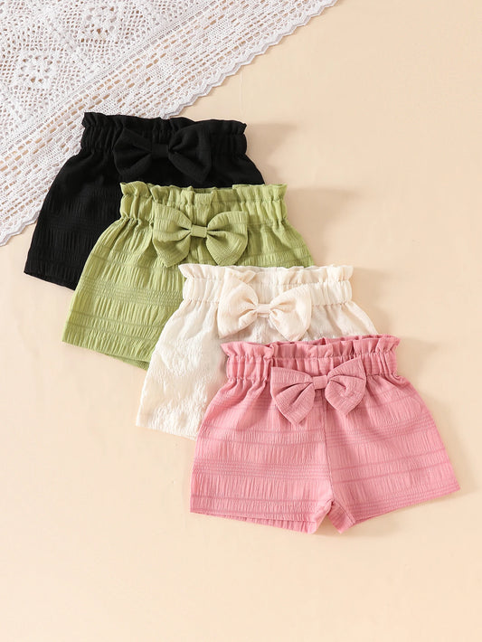 Girls' Casual Solid Color Polyester Shorts with 3D Bow Detail, Regular Fit Woven Fabric for Spring/Summer - 95% Polyester,