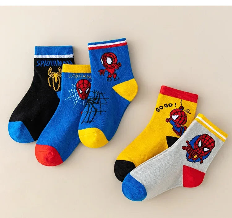 MARVEL Spiderman 5 Pairs Children's Socks Kawaii Soft Anime Socks Kids Boys Socks MiddleTube Cartoon Baby Socks 1-12 Y