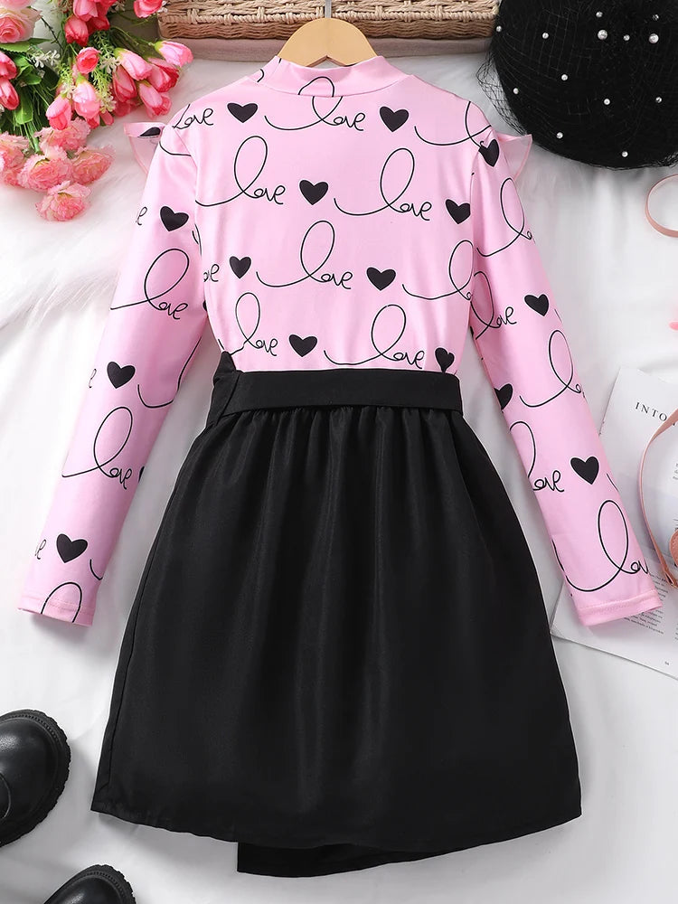 Autumn And Winter Girls' Fashion Trendy Daily Leisure Sweet And Cute Love Long Sleeve&Half Skirt Two Piece Set