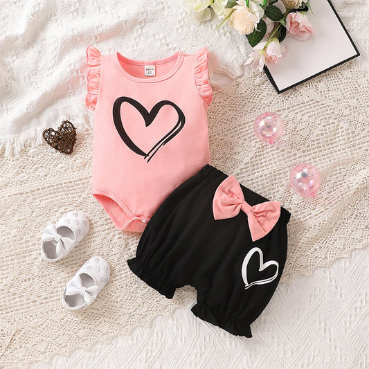 Two piece set of cute round neck love printed triangle jumpsuit and bow decoration shorts for baby girls in summer