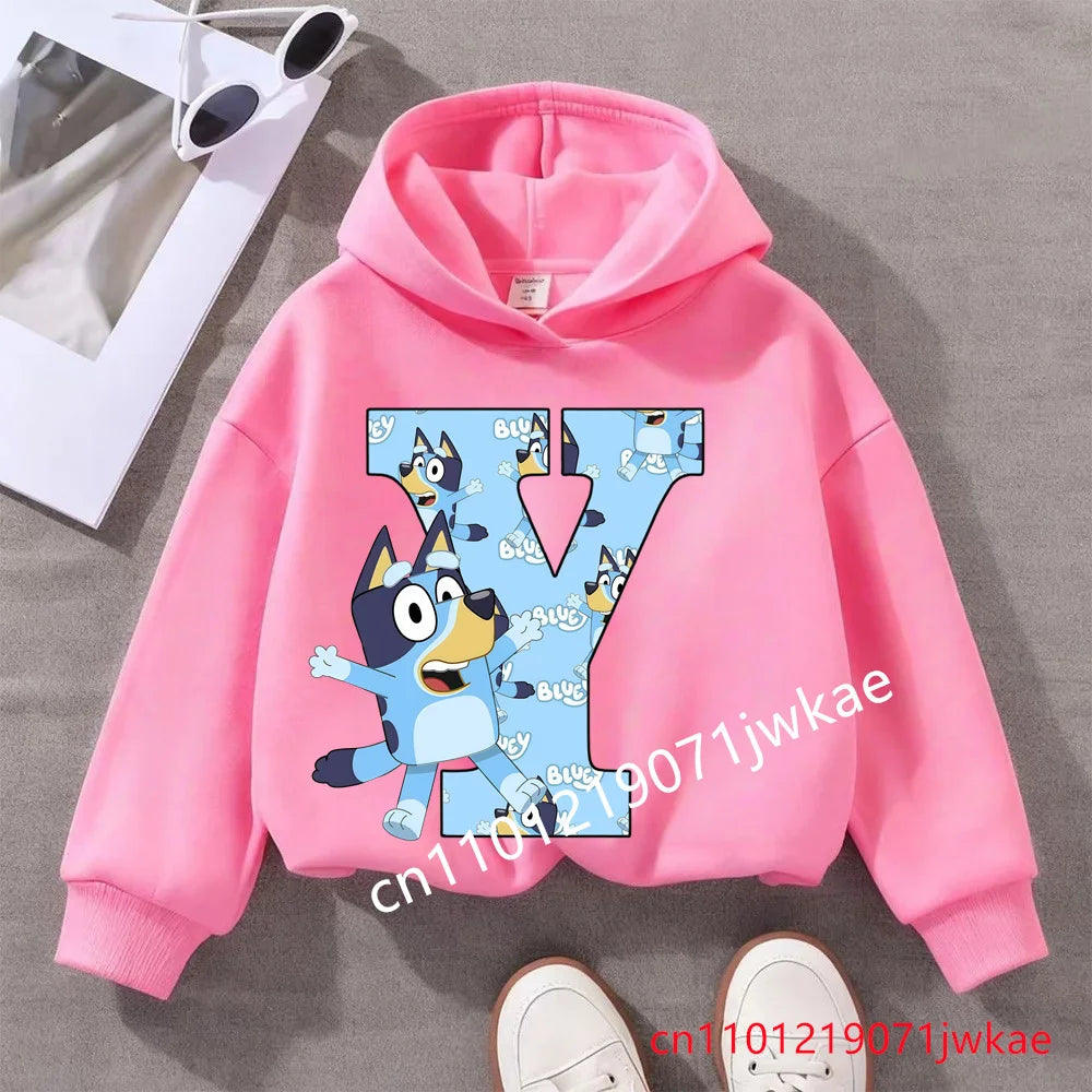Kids Bluey Letter ABCD Pattern Printing Hooded Sweatshirt Fall Winter Warm Soft Pullover Comfortable Playwear for Boys Girls
