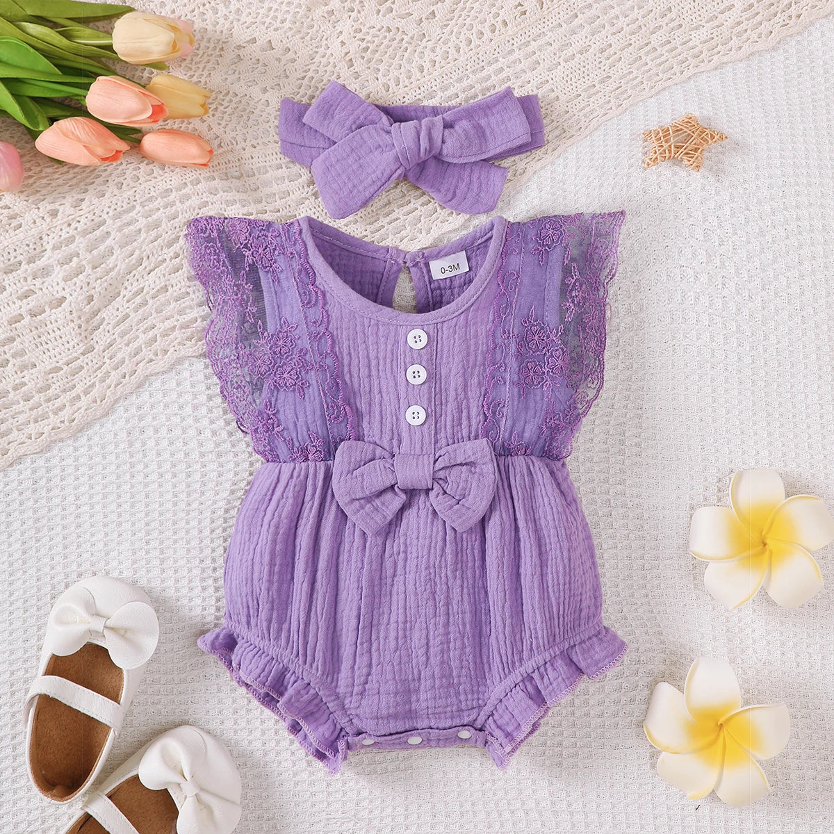 0-18 Months Old Newborn Solid Color Sleeveless Round Neck Lace Edge Bow Romper+Headband Baby Girl Summer New Casual Jumpsuit