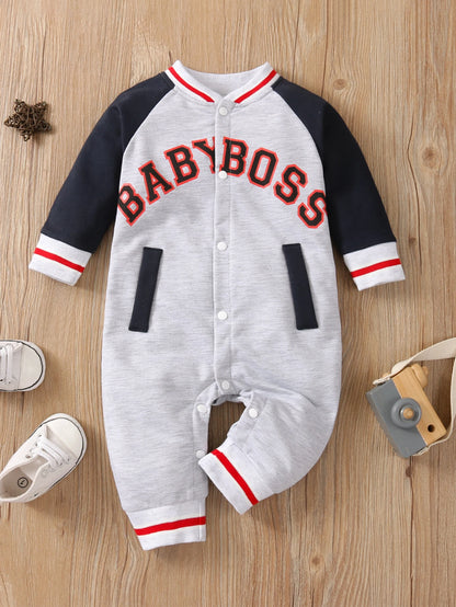 Fashionable letter printed long sleeved round neck cute and personalized baby boy jumpsuit