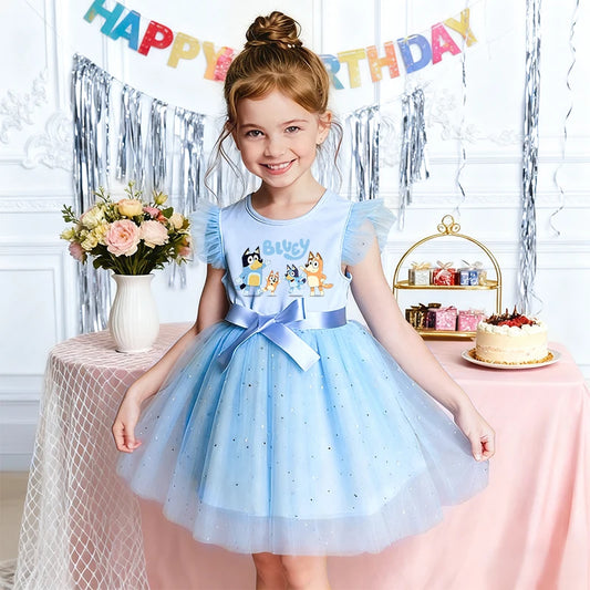 Bluey Girls Sequin Tutu Dress with Bow Flutter Sleeves Summer Princess Party Outfit for Toddler Kids 2-6 Years