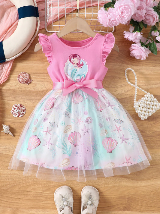 Girls' Knitted Round Neck Cartoon Mesh Dress Mermaid Gift