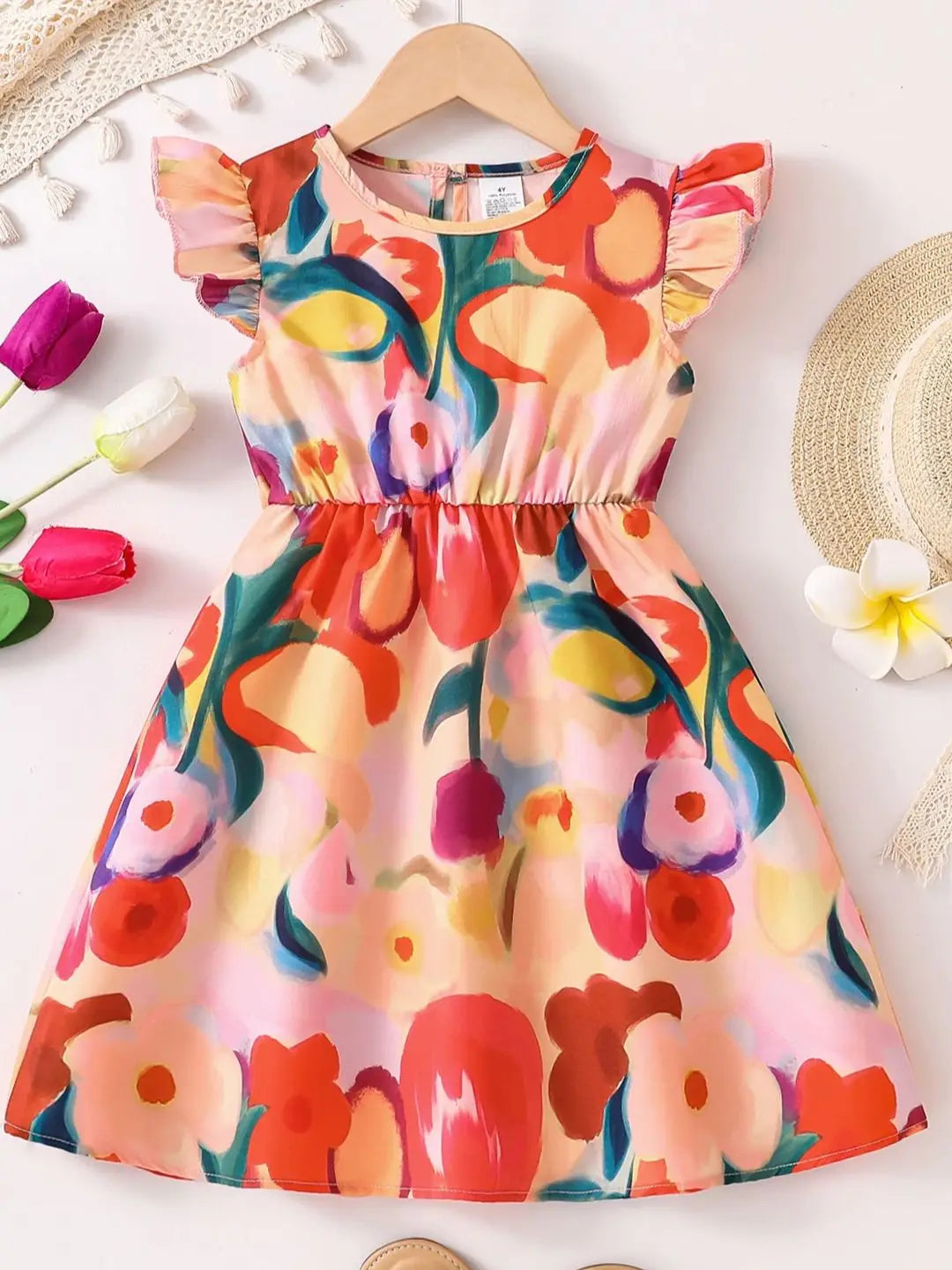 Girls' Fashionable and Simple Summer Dress, Toddler Girl's Floral and Leaf Pattern Back Zipper Fly-Sleeve Cinched Waist Mid-Length Dress, Girls' Everyday Comfortable Soft Versatile Youthful and Energetic Children's Clothing,