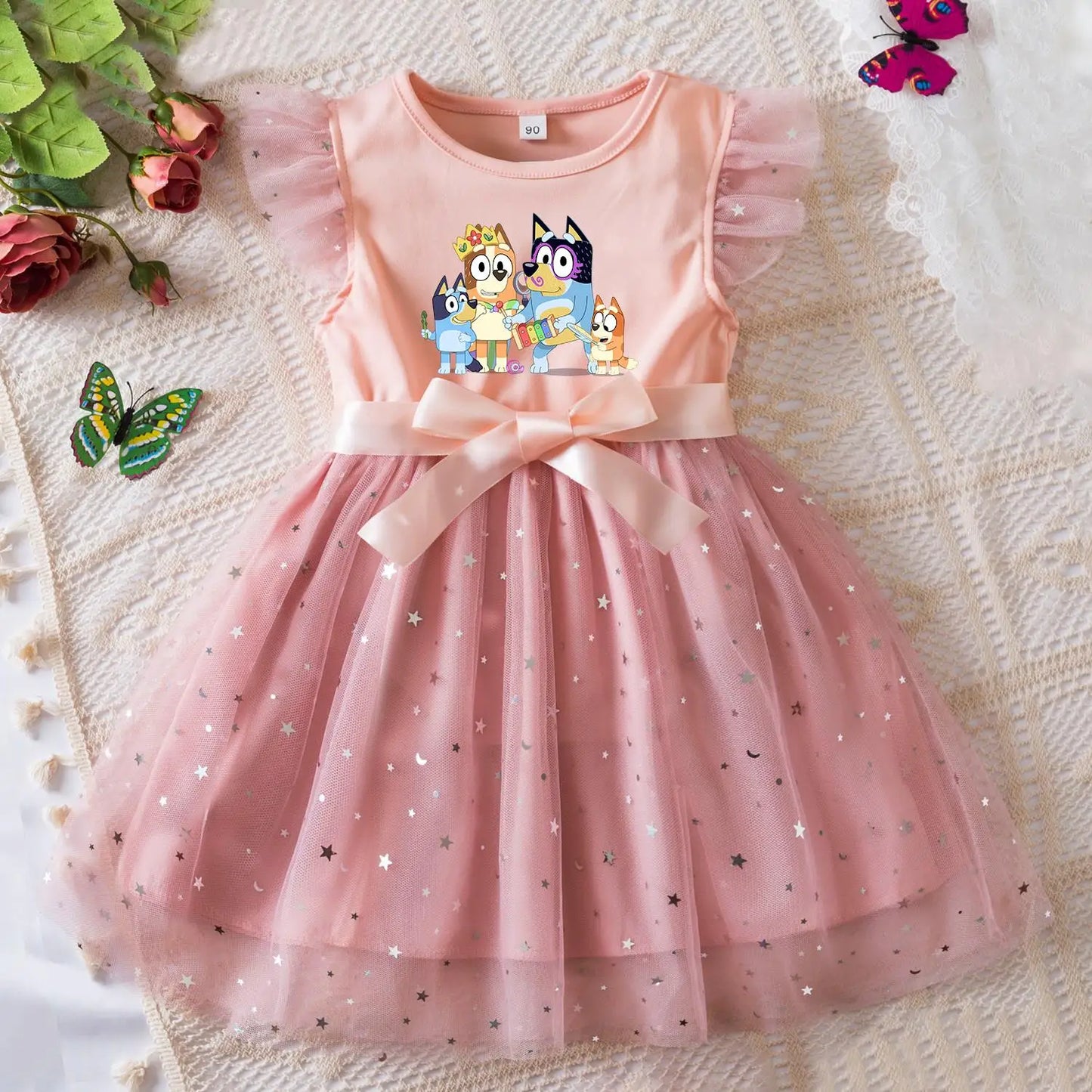 Bluey Girls Sequin Tutu Dress with Bow Flutter Sleeves Summer Princess Party Outfit for Toddler Kids 2-6 Years