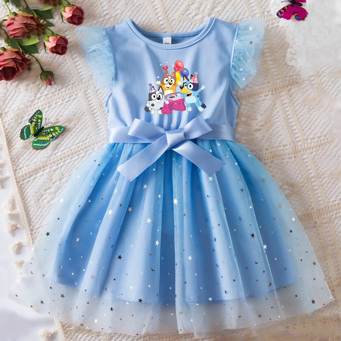 Bluey Girls Sequin Tutu Dress with Bow Flutter Sleeves Summer Princess Party Outfit for Toddler Kids 2-6 Years
