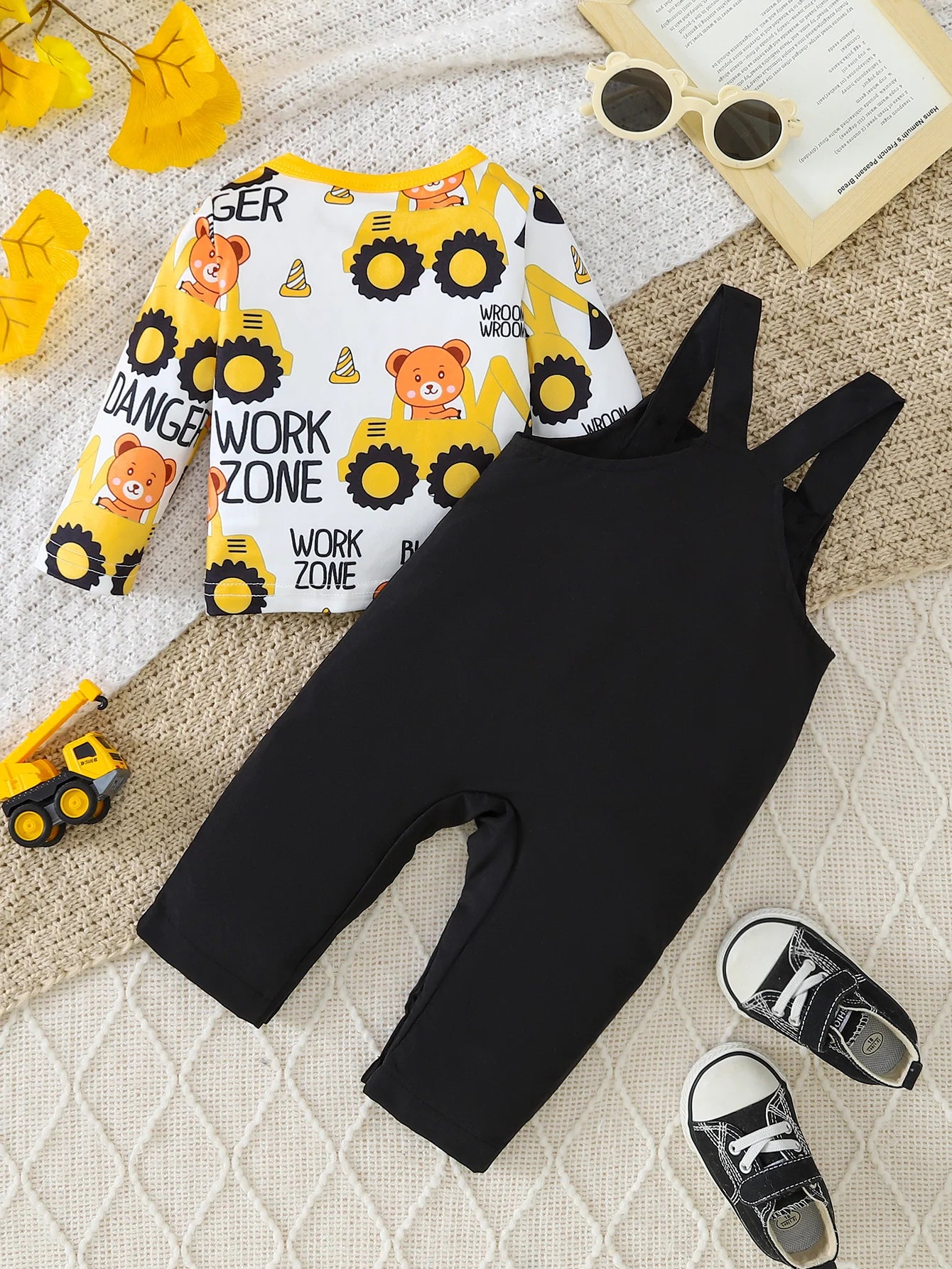 Construction Bear Print Top & Overalls Set | Spring Baby Boy Outfit with Snap Buttons 2-Piece