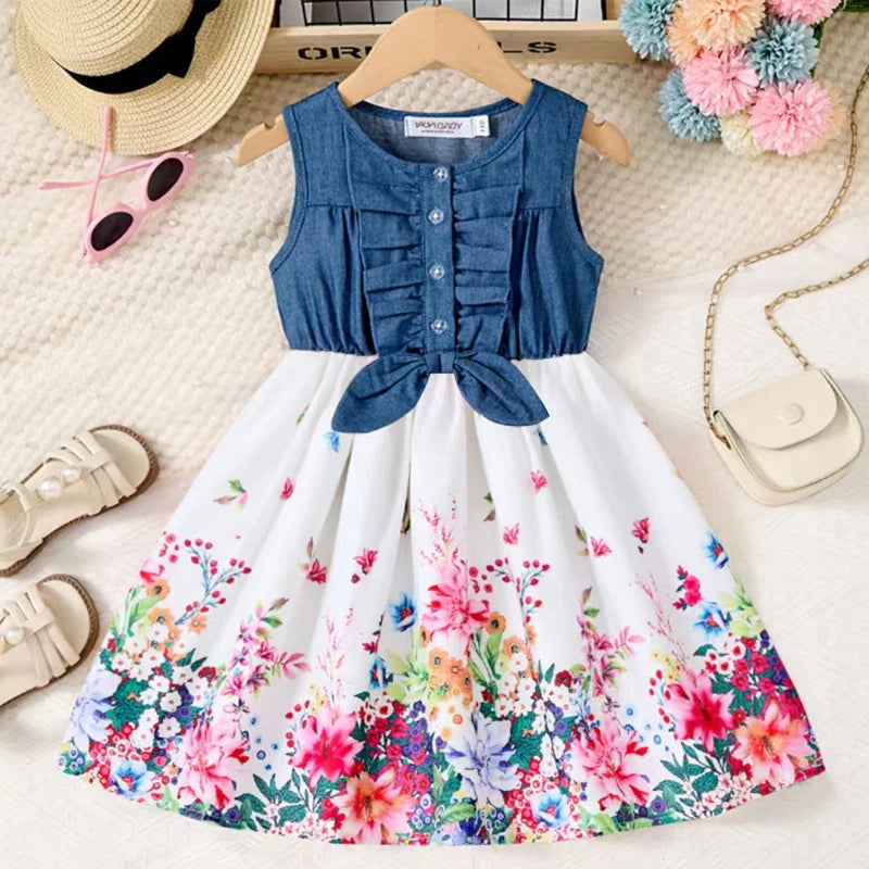 Girls Summer Dresses Sleeveless Butterfly Flower Print Dress for Girls Casual Denim Splicing Skirt Children Clothes