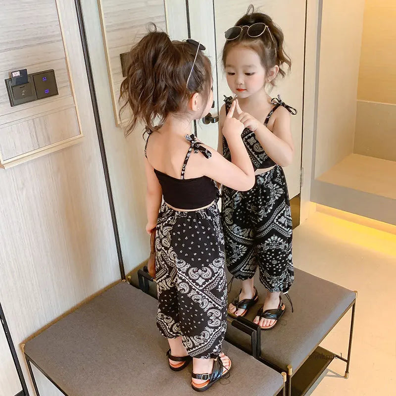 Summer Suit Thin Girls Suit Suspender Mosquito-proof Pants Two Pieces of Cute Girl Children's Clothes