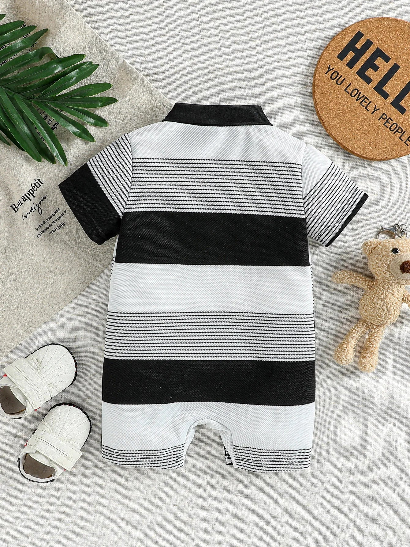 Baby Boys Cute Striped Summer Short Sleeve Turn-down Collar Bodysuit For 0-1Y Casual Daily Wear Romper