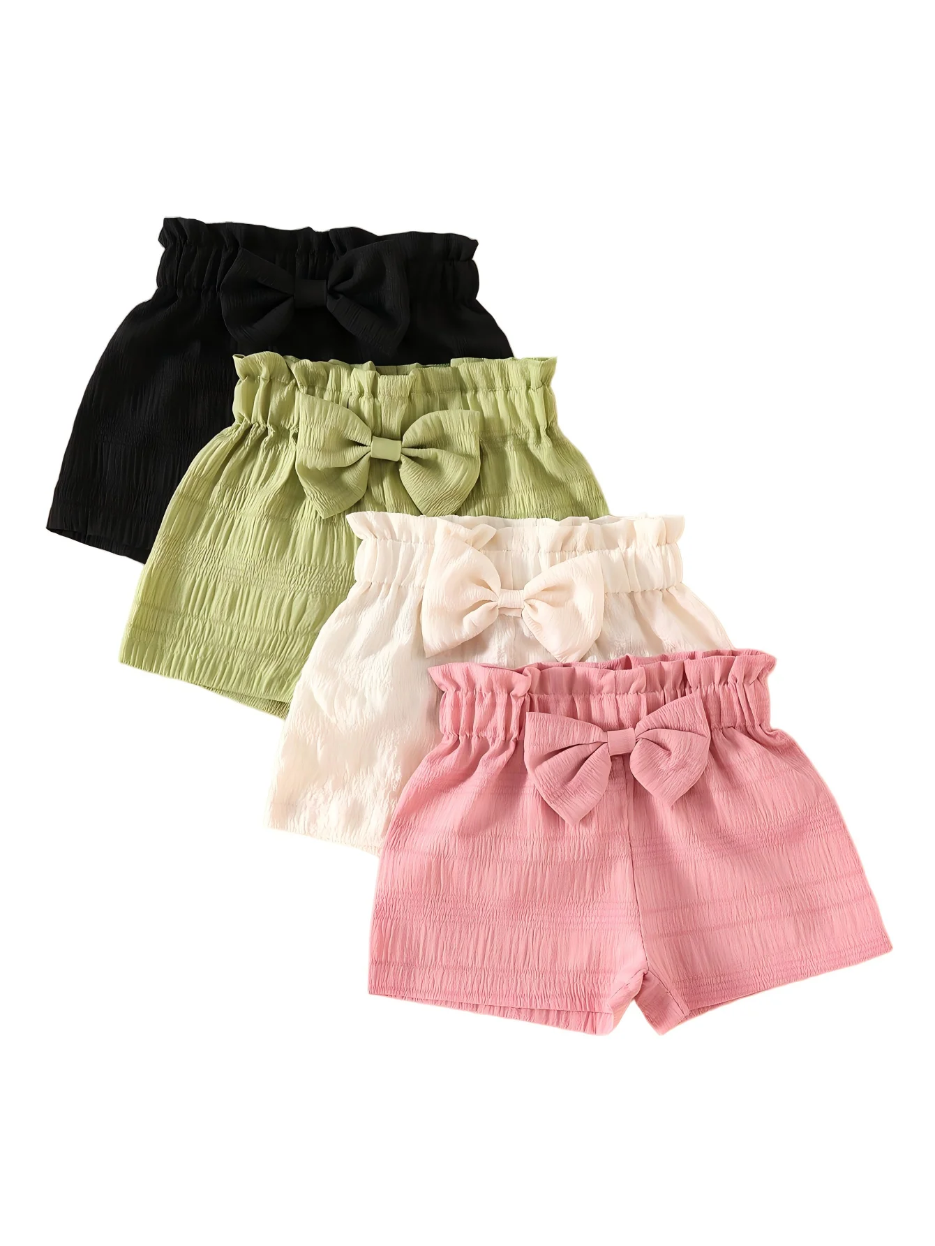Girls' Casual Solid Color Polyester Shorts with 3D Bow Detail, Regular Fit Woven Fabric for Spring/Summer - 95% Polyester,