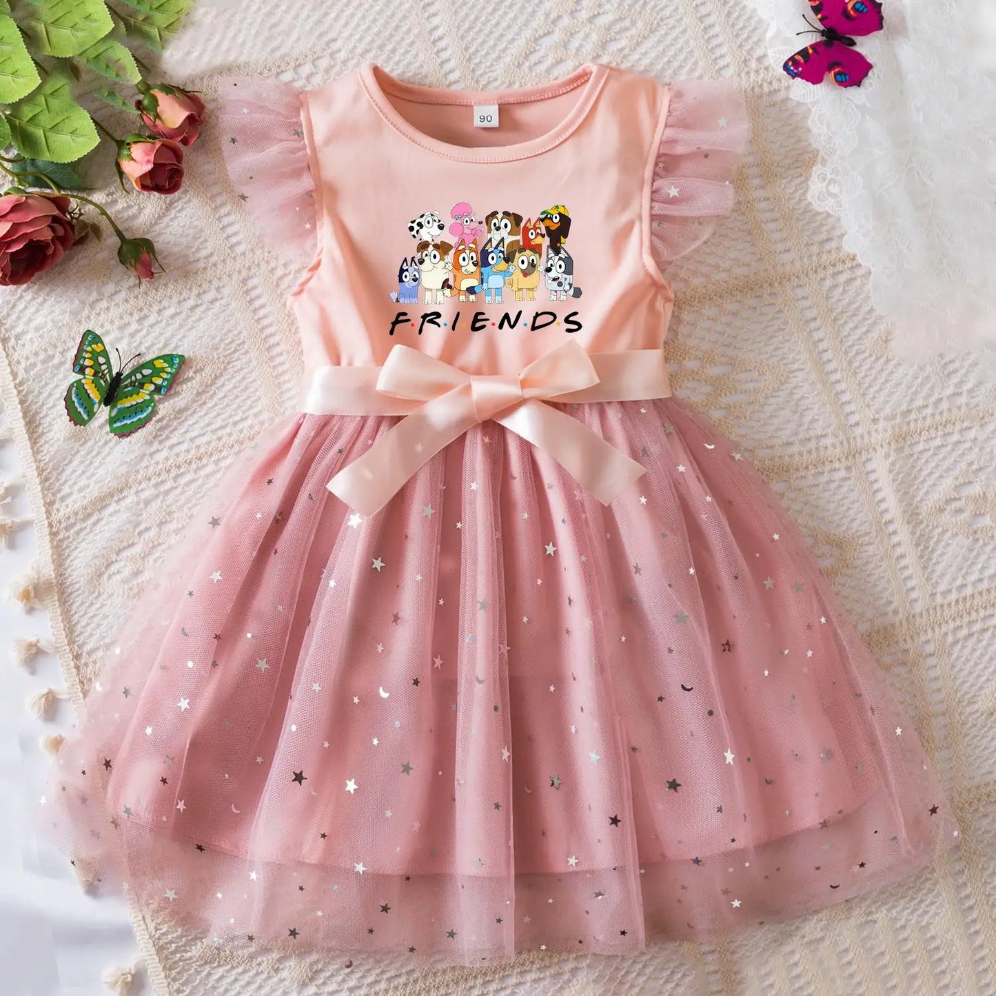 Bluey Girls Sequin Tutu Dress with Bow Flutter Sleeves Summer Princess Party Outfit for Toddler Kids 2-6 Years