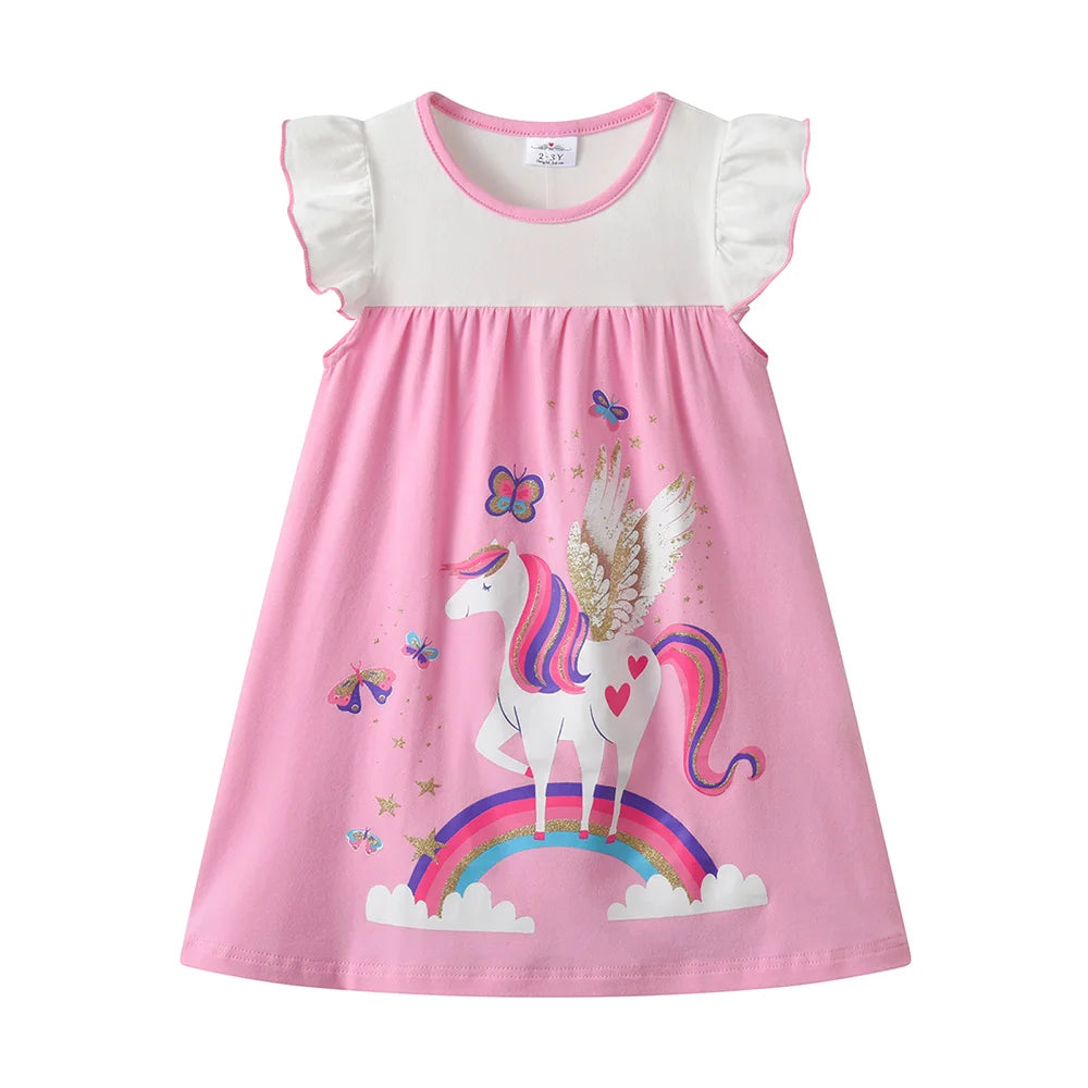VIKITA Girls Unicorn Rainbow Butterfly Print Flare Sleeve Dress Kids Pink Cotton Casual Daily School Princess Straight Vestidos