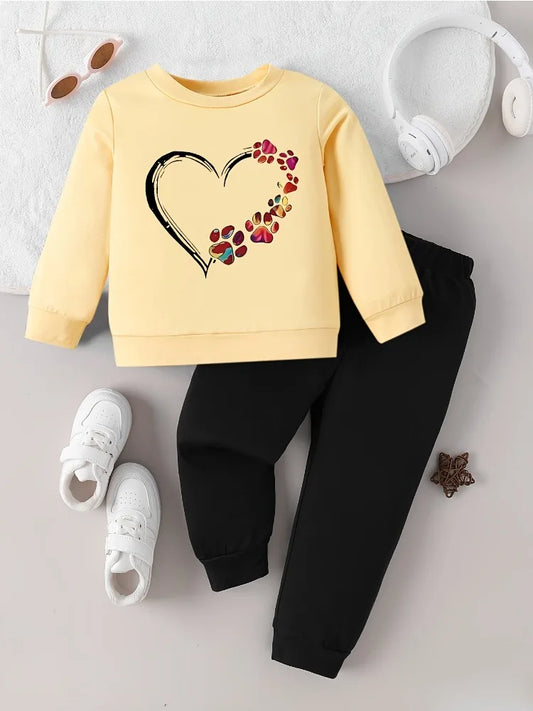 Spring Baby Girls Clothes Set Kid Girls Flower Heart Printed Sweatshirts Pullover Top and Pants 2 Piece Suit Children Tracksuits