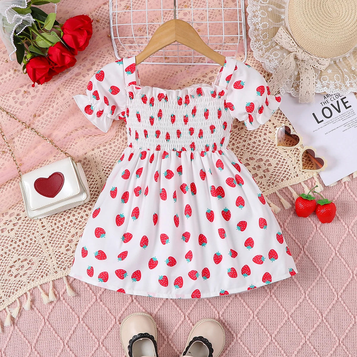 Single piece baby girl baby fashionable, sweet and cute short sleeved bubble sleeve strawberry print dress for summer