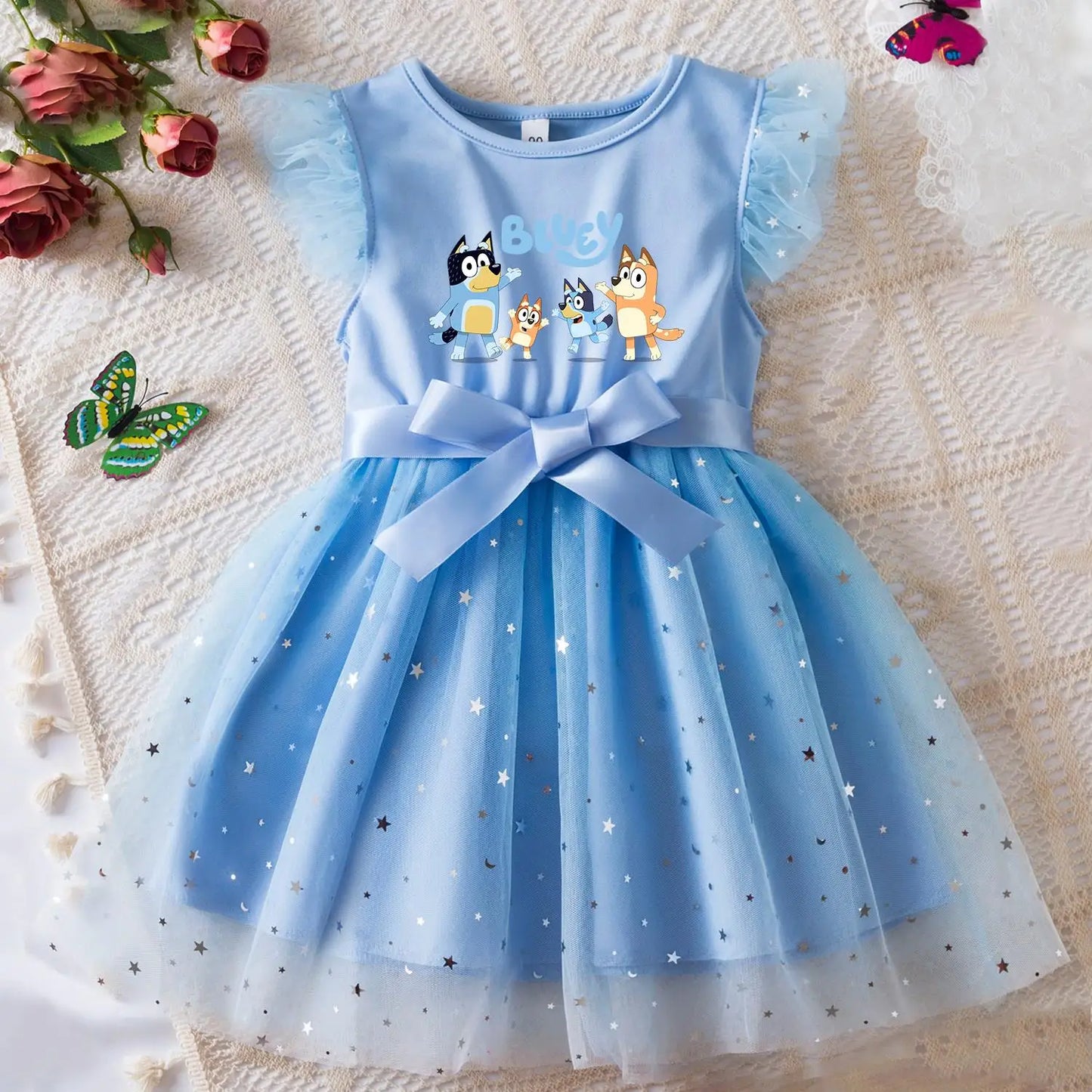Bluey Girls Sequin Tutu Dress with Bow Flutter Sleeves Summer Princess Party Outfit for Toddler Kids 2-6 Years