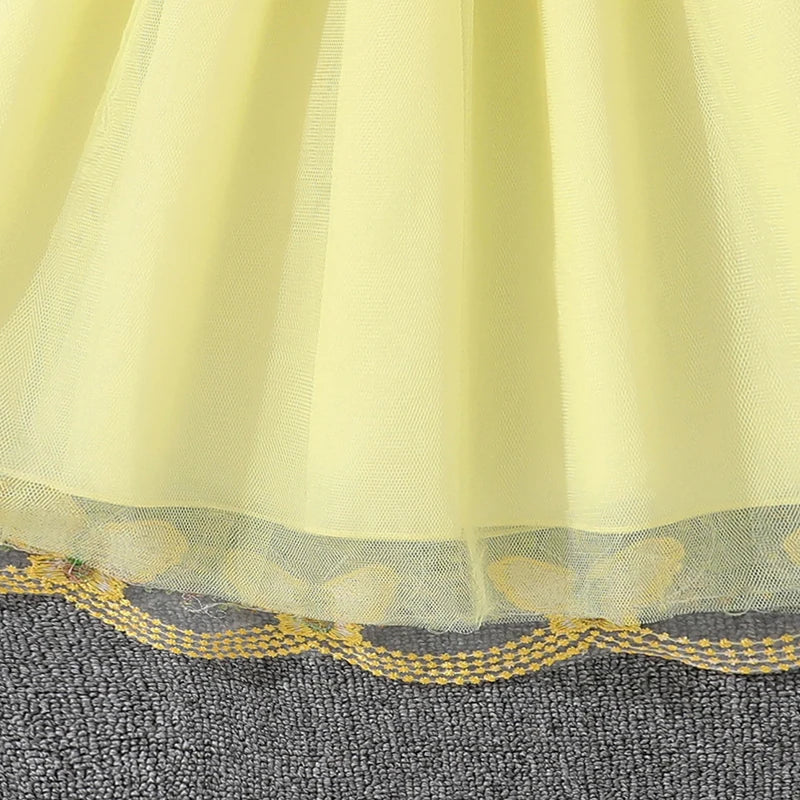 Dress For Girls Yellow O-Neck Fly-Sleeve Tulle Bowknot 8-12 Years Summer Elegant Sweet Style Princess Dress kids Clothing