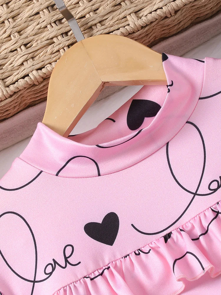 Autumn And Winter Girls' Fashion Trendy Daily Leisure Sweet And Cute Love Long Sleeve&Half Skirt Two Piece Set