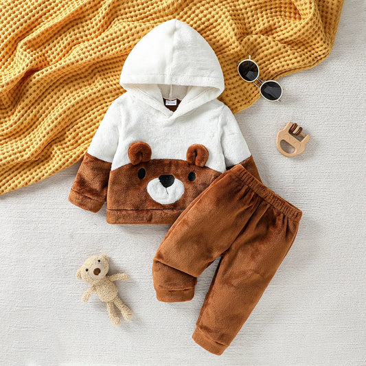 Cute Baby Boys and Girls 2PCS Clothing Set Cartoon Pattern Hooded Long Sleeved Plush Suit Winter Warm Outfit for 0-1Y