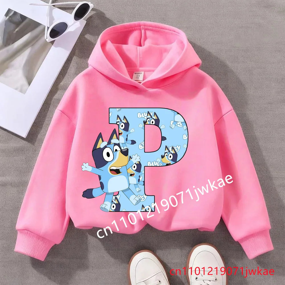 Kids Bluey Letter ABCD Pattern Printing Hooded Sweatshirt Fall Winter Warm Soft Pullover Comfortable Playwear for Boys Girls
