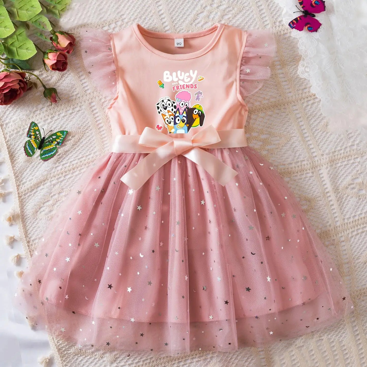 Bluey Girls Sequin Tutu Dress with Bow Flutter Sleeves Summer Princess Party Outfit for Toddler Kids 2-6 Years