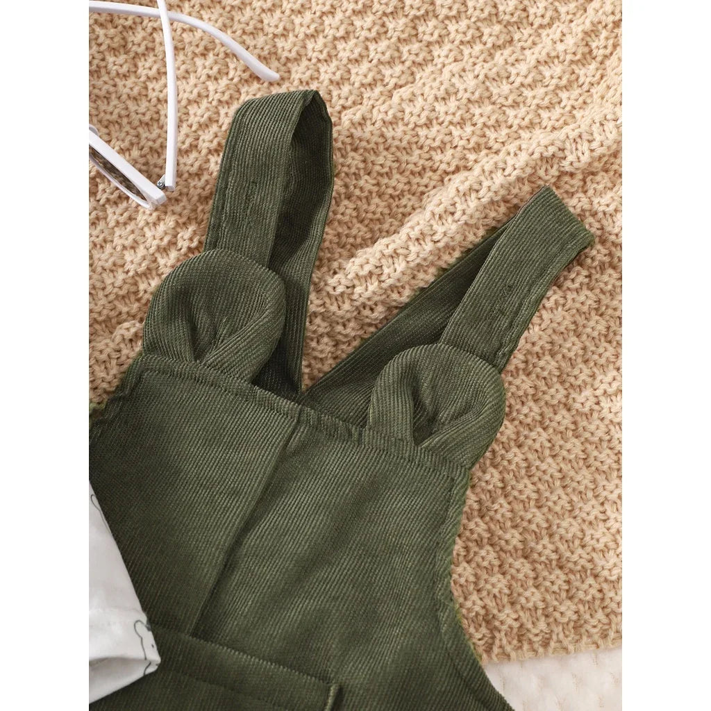 Baby Boy 2PCS Clothing Set Bear Print Bodysuit with Green Overall Fashion Cute Autumn and Winter Costumes