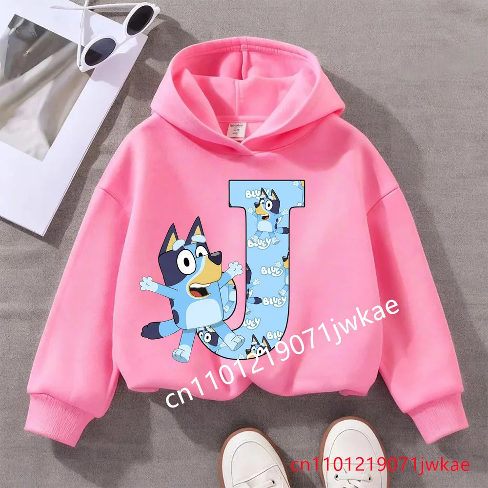 Kids Bluey Letter ABCD Pattern Printing Hooded Sweatshirt Fall Winter Warm Soft Pullover Comfortable Playwear for Boys Girls