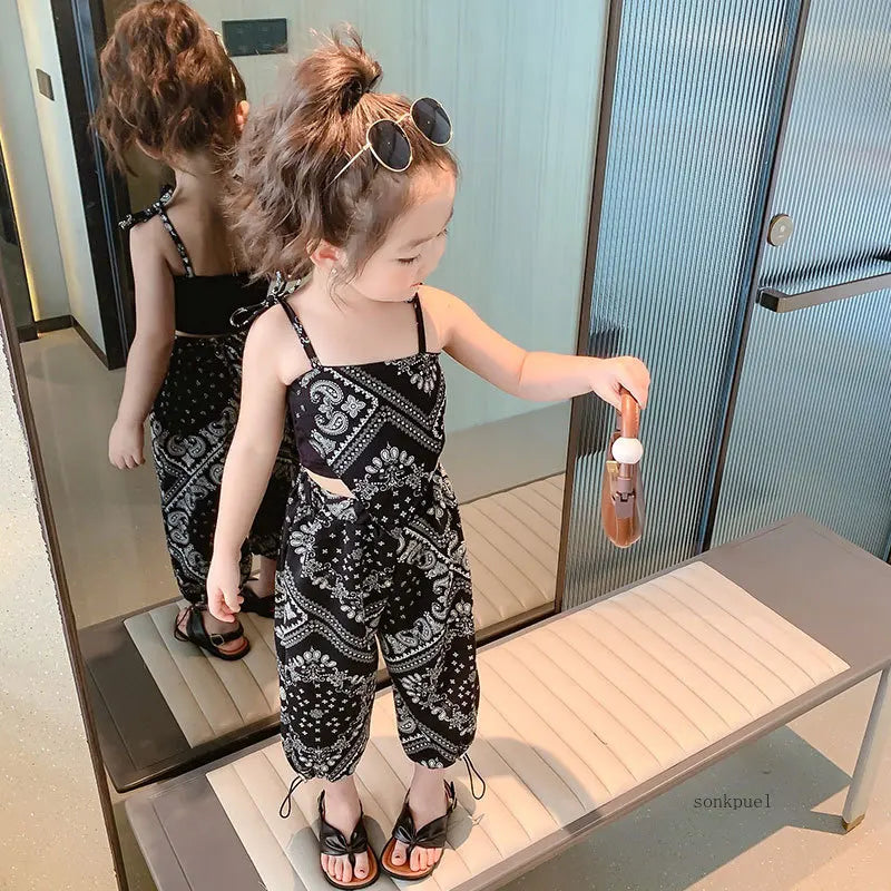 Summer Suit Thin Girls Suit Suspender Mosquito-proof Pants Two Pieces of Cute Girl Children's Clothes