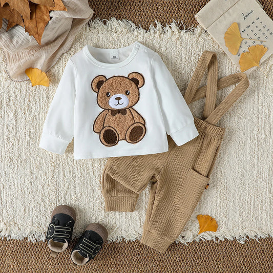 Fashion Baby Boys 2Pcs Autumn Long Sleeve Cartton Bear Top+ Solid overalls Baby Jumpsuit For 1-3Y Sets  Casual Clothes