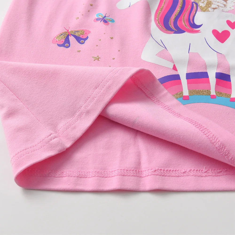 VIKITA Girls Unicorn Rainbow Butterfly Print Flare Sleeve Dress Kids Pink Cotton Casual Daily School Princess Straight Vestidos