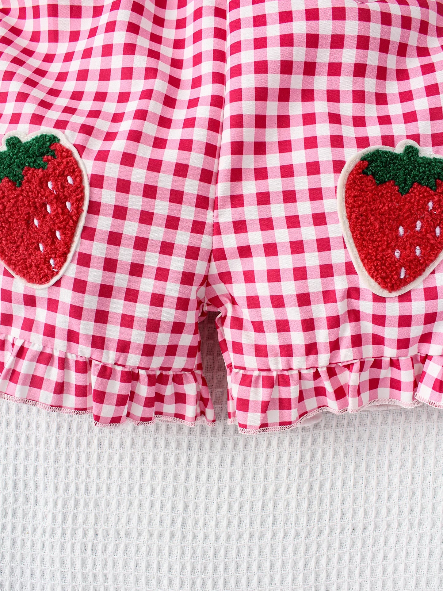Summer Girl Sling jumpsuit Fashion plaid red embroidered strawberry pattern cute and playful girl baby
