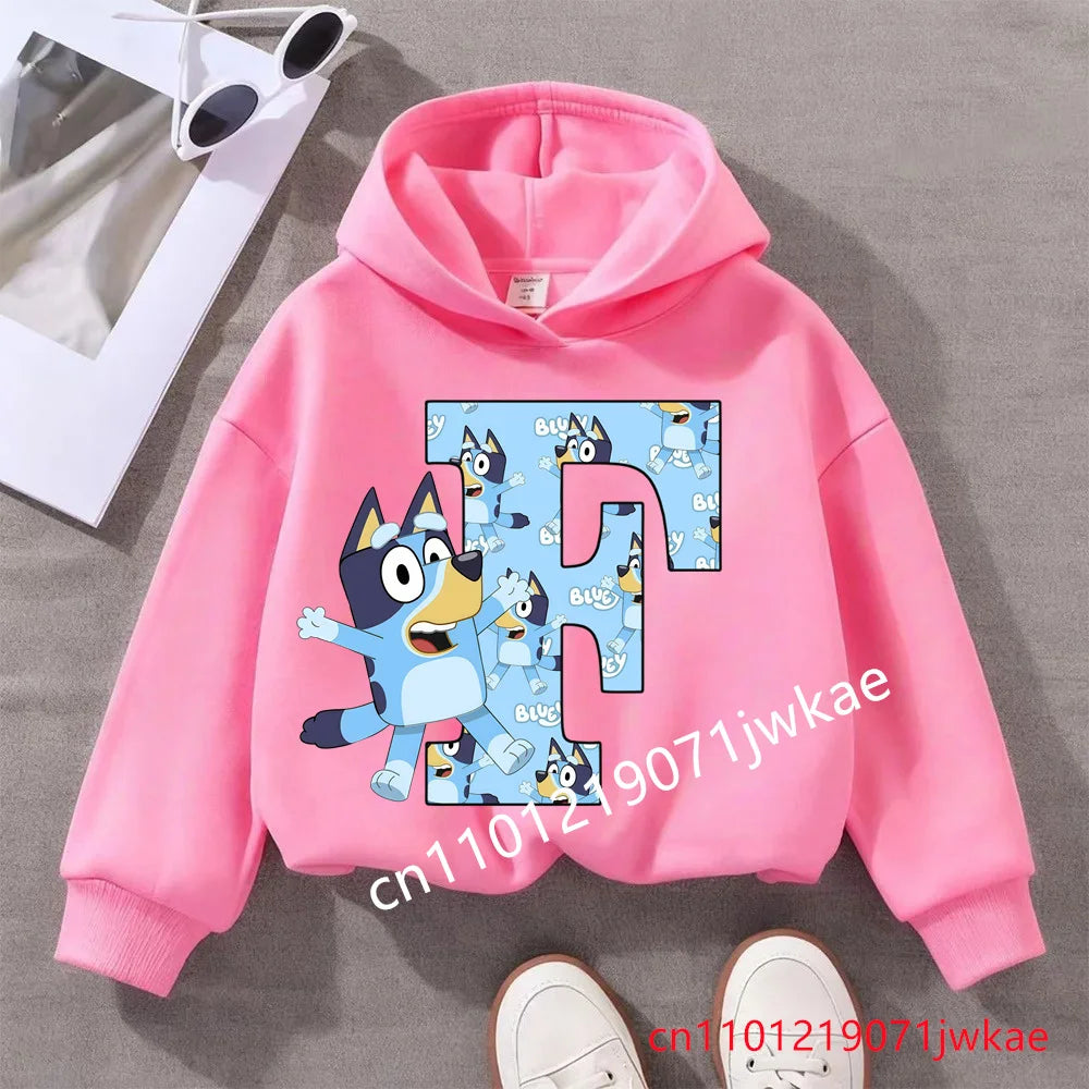 Kids Bluey Letter ABCD Pattern Printing Hooded Sweatshirt Fall Winter Warm Soft Pullover Comfortable Playwear for Boys Girls
