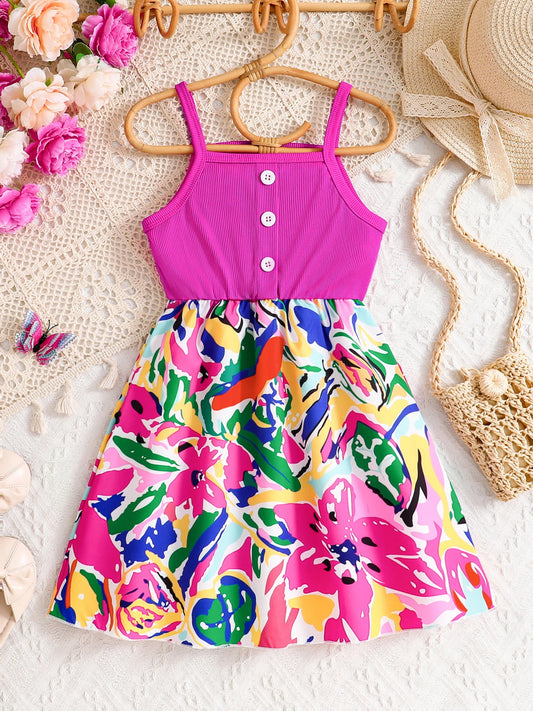 Kids Summer Dress Girls Fashion Cute Casual dress Pink sleeveless graffiti print Girls Summer outdoor vacation casual dress