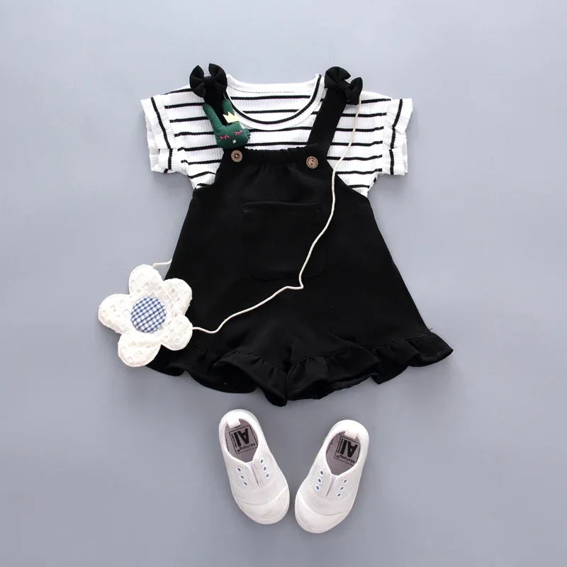 Cute Toddler Baby Girl T-shirt+Suspender Shorts Outing Clothes New Fashion Bay Sets Suits (No Shoes No Bag)