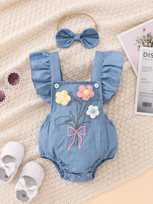 Baby Girl Soft Denim 3D Flower Embroidered Flutter Overall Romper + Bow Headband, Cute 2-Piece Outfit