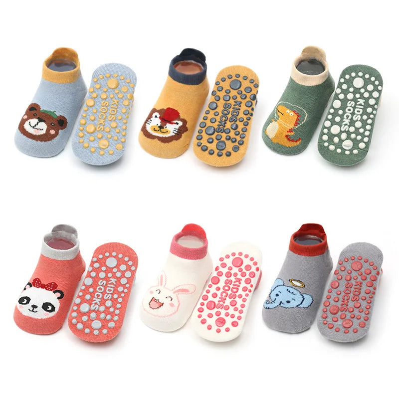 Kids 6 Pairs Cotton Socks Cute Cartoon Animal Pattern Comfy Breathable Baby Non-slip Floor Socks