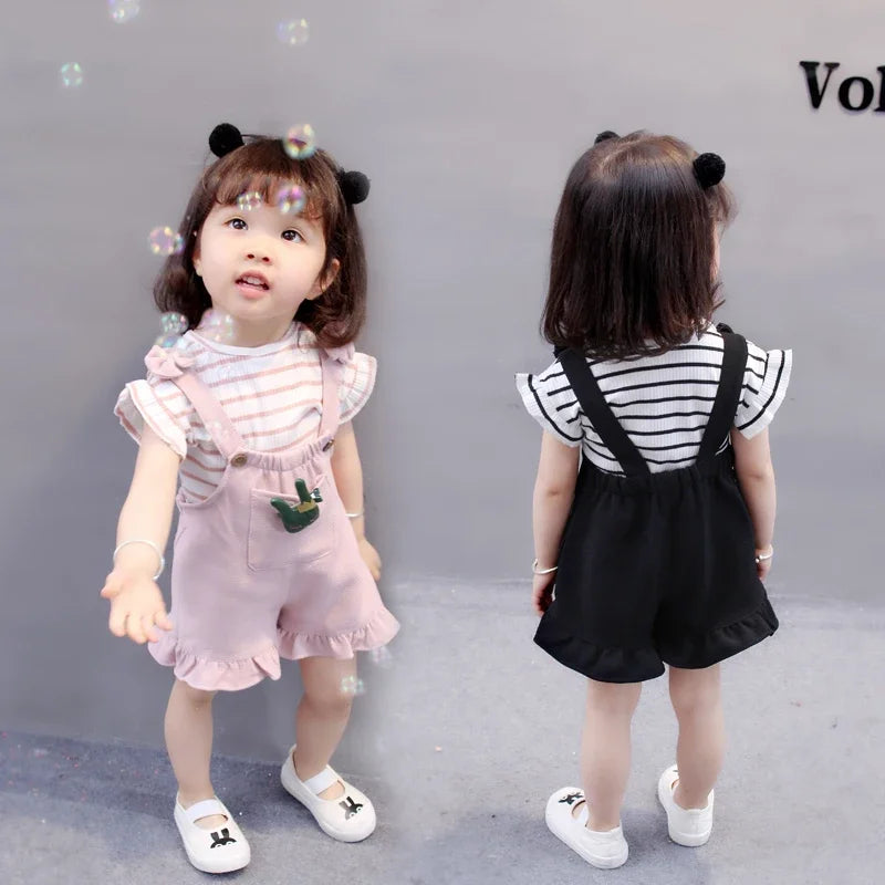 Cute Toddler Baby Girl T-shirt+Suspender Shorts Outing Clothes New Fashion Bay Sets Suits (No Shoes No Bag)