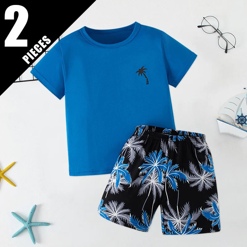 Children's summer leisure sports printed short sleeved shorts set, boys and girls vacation style fashionable T-shirt pants