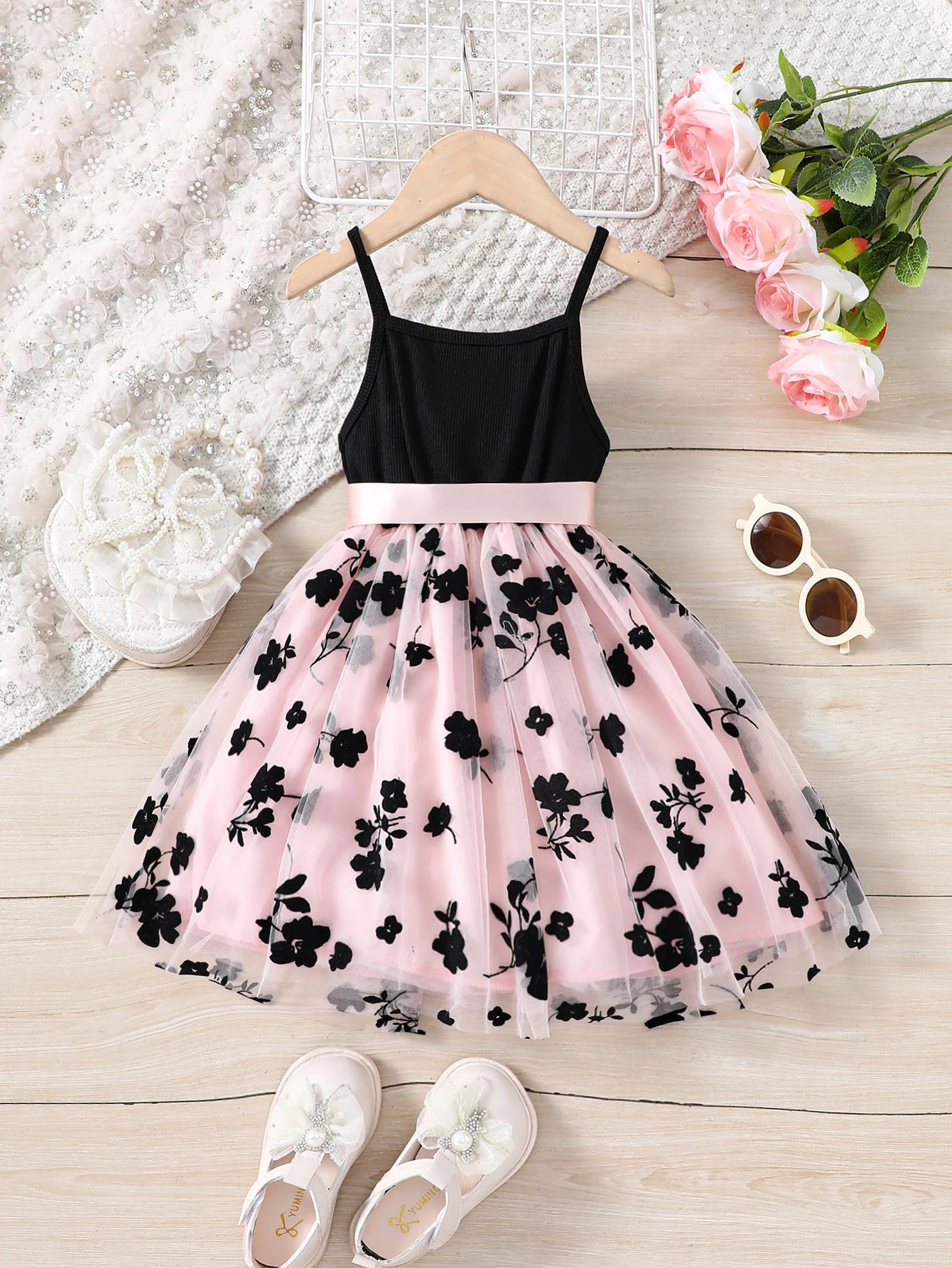 Girls Spring Summer Fashion Knitted Sling Flower Flocking Mesh Casual Dress Princess Dress Party Holiday Casual Vacation Gift