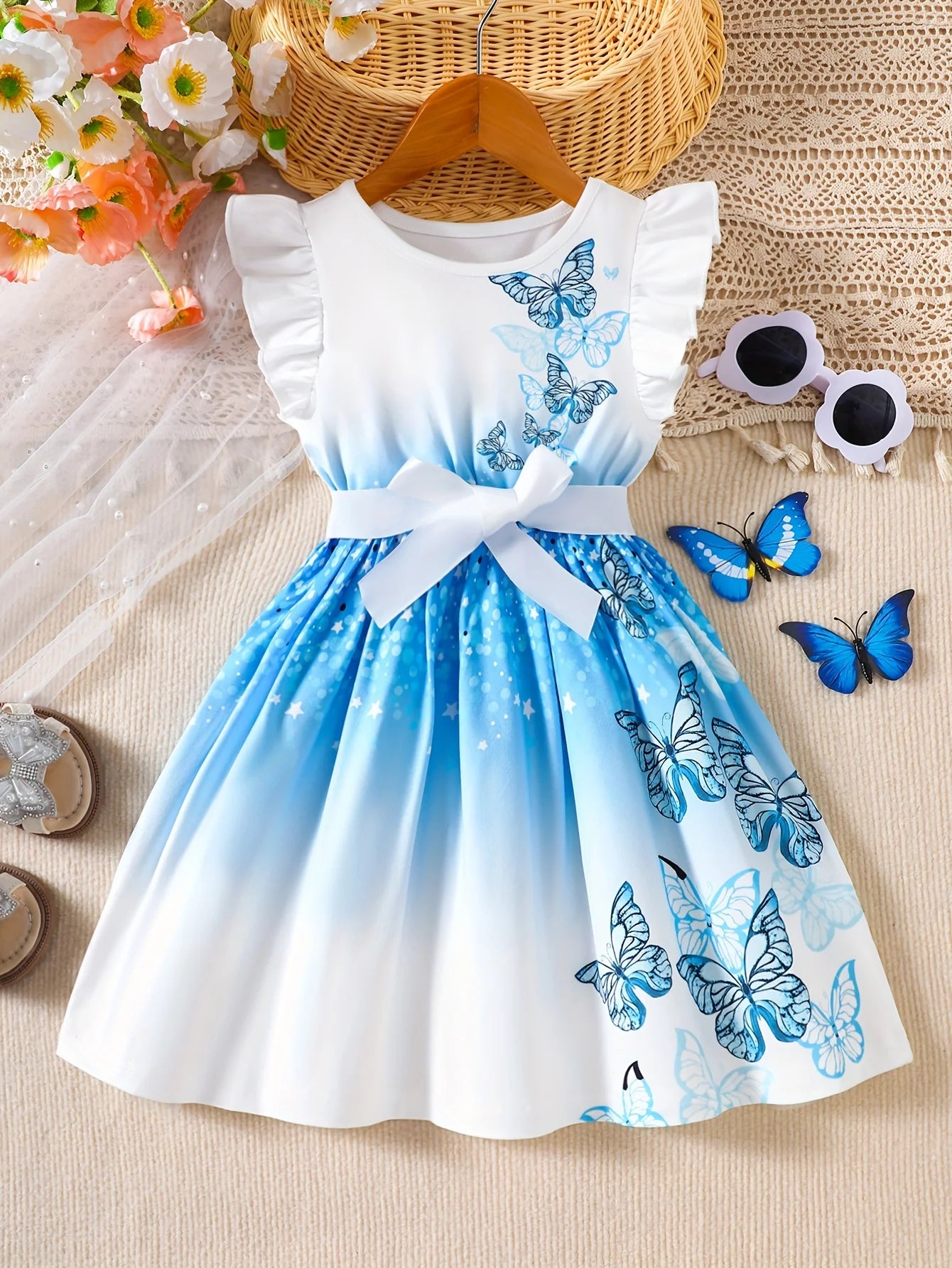 Girls' Spring and Summer Knitted Casual Fashion Round Neck Flutter Sleeve Ruffle Dress with Butterfly Digital Print, Suitable for Holidays, Vacations, Beach, Parties, Gifts