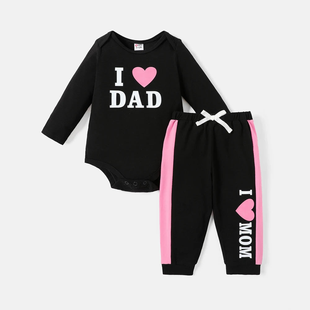 PatPat 2pcs Baby Girl Cotton Long-sleeve Heart & Letter Print Romper and Sweatpants Set