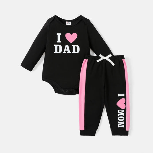 PatPat 2pcs Baby Girl Cotton Long-sleeve Heart & Letter Print Romper and Sweatpants Set