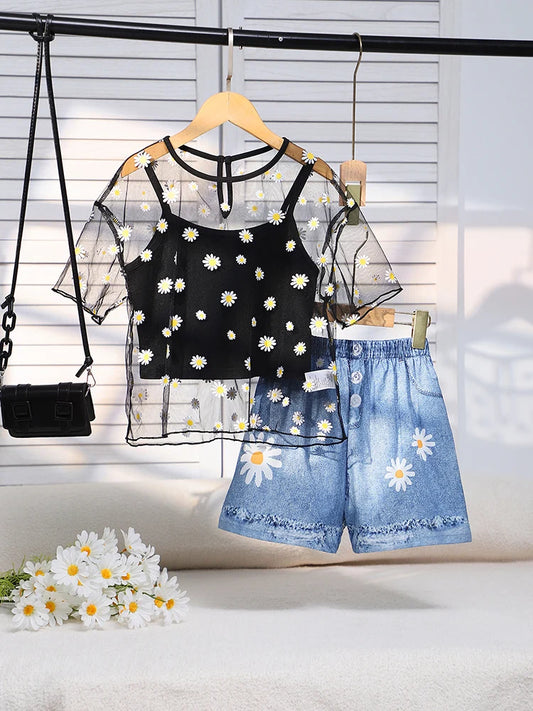 Three Piece Set Of Cute And Fresh Thin Printed Pullover, Solid Color Tank Top, And Printed Shorts For Girls And Children