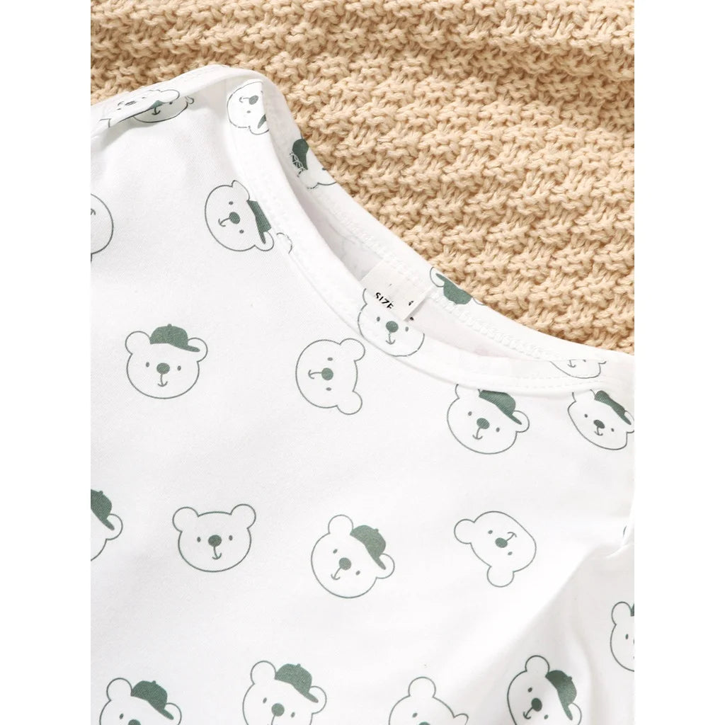 Baby Boy 2PCS Clothing Set Bear Print Bodysuit with Green Overall Fashion Cute Autumn and Winter Costumes